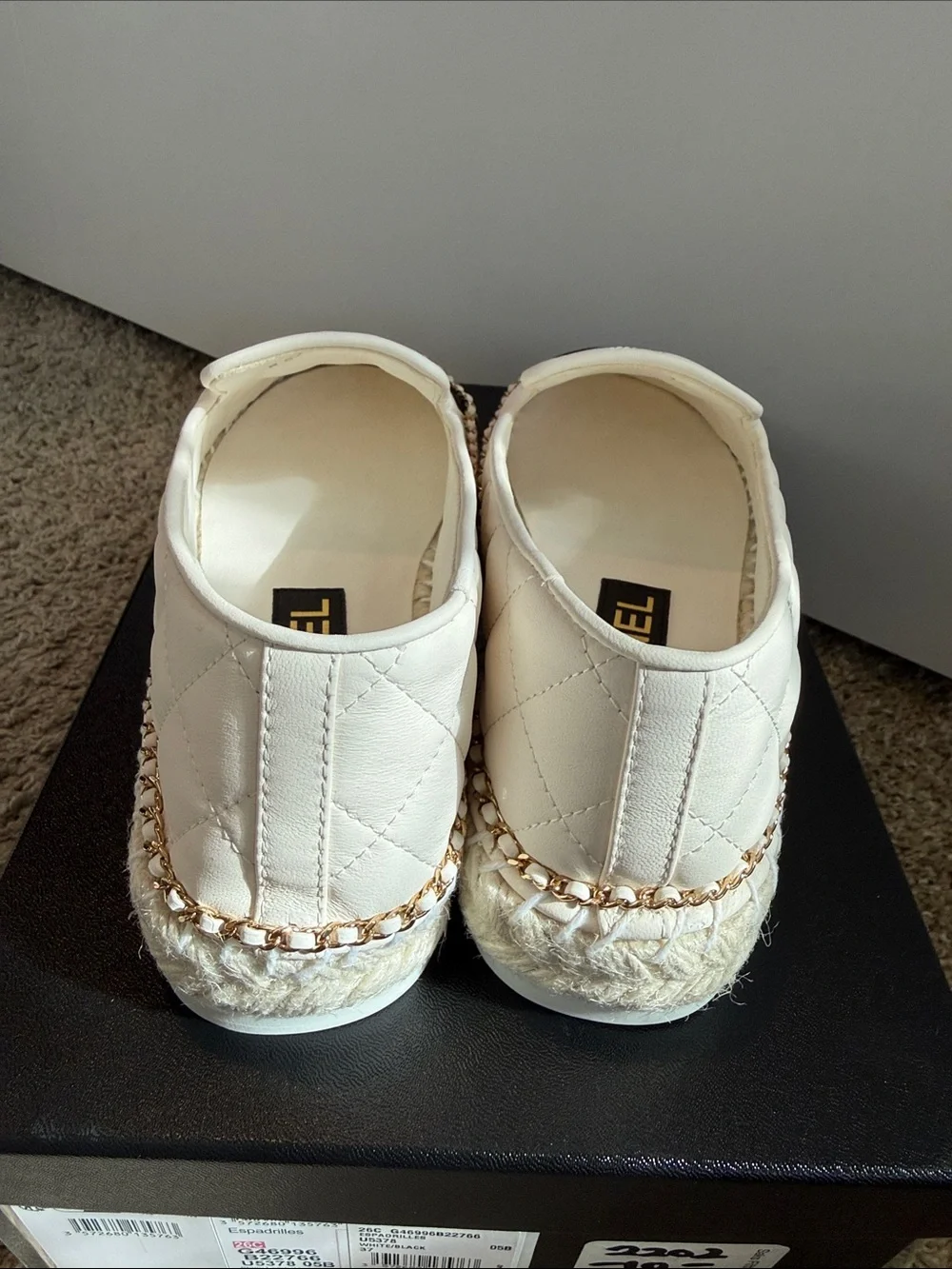 CHANEL White Quilted Espadrilles with Black Toe and Gold Chain
